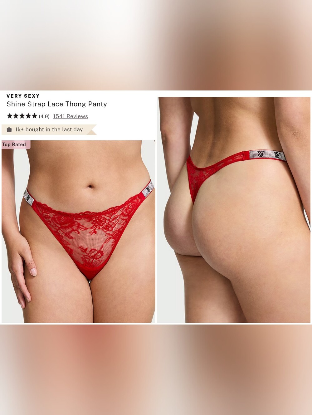 Victoria's Secret Very Sexy Shine Strap Lace Thong Panty LIPSTICK RED SMALL